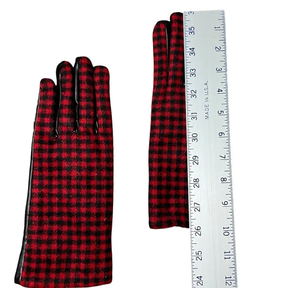 Houndstooth Gloves Womens M Red Black Faux Leather Winter Collection Eighteen